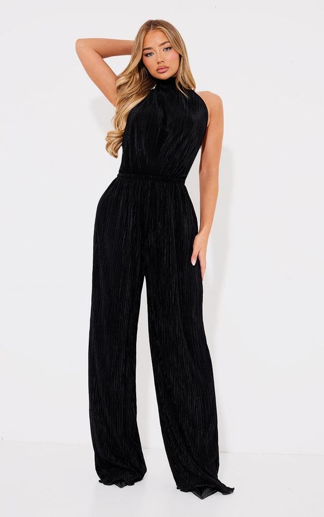 Black Plisse High Neck Scoop Back Wide Leg Jumpsuit Product Image