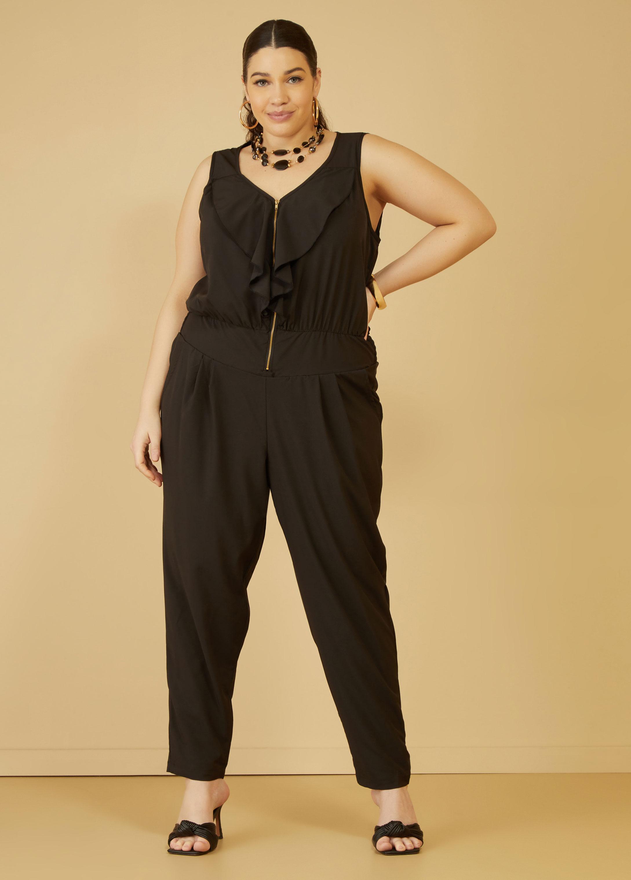 Plus Size Ruffle Trimmed Tapered Jumpsuit Ashley Stewart Product Image