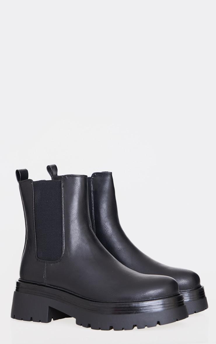 Black Round Toe Chunky Sole Elastic Chelsea Boots Product Image