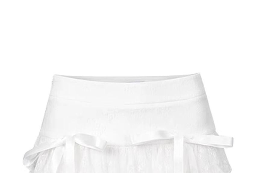 High Rise Plain Bow Tiered Panel Lace Mini A-Line Skirt Product Image