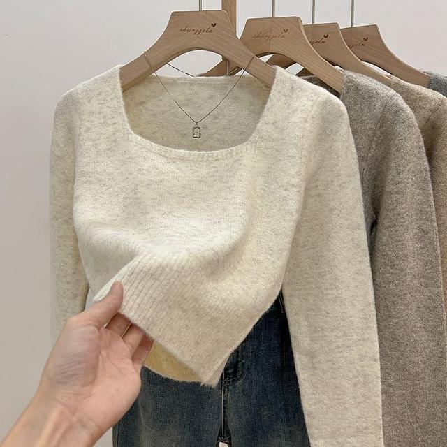 Square Neck Plain Crop Sweater  Product Image