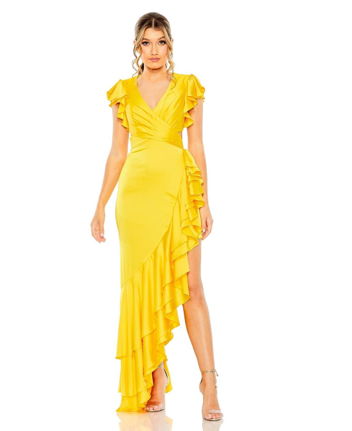 Womens Ieena Flutter Sleeve Cut Out Asymmetrical Ruffled Gown Product Image