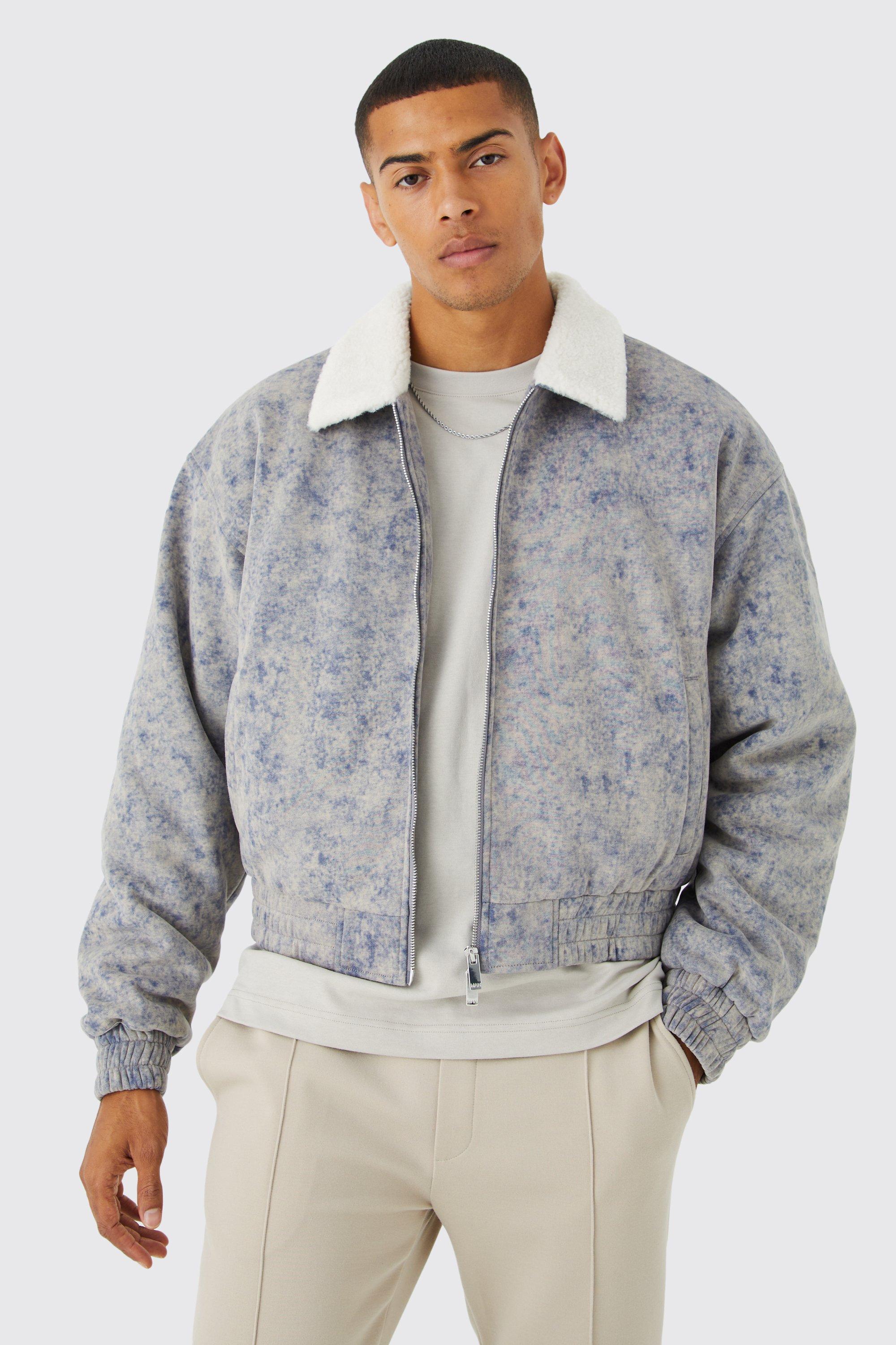 Boxy Acid Wash Bomber With Borg Collar | boohooMAN USA Product Image