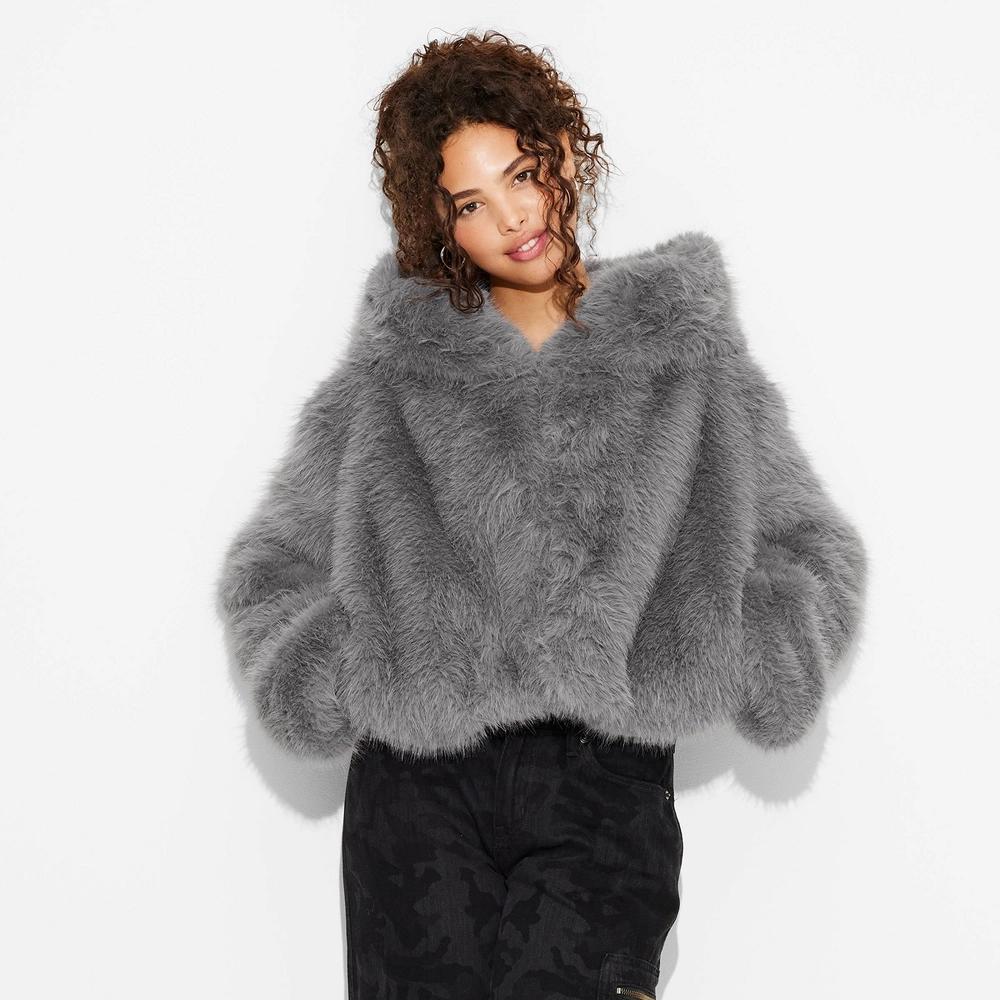 Women's Cropped Hooded Faux Fur Jacket - Wild Fable™ Gray M Product Image