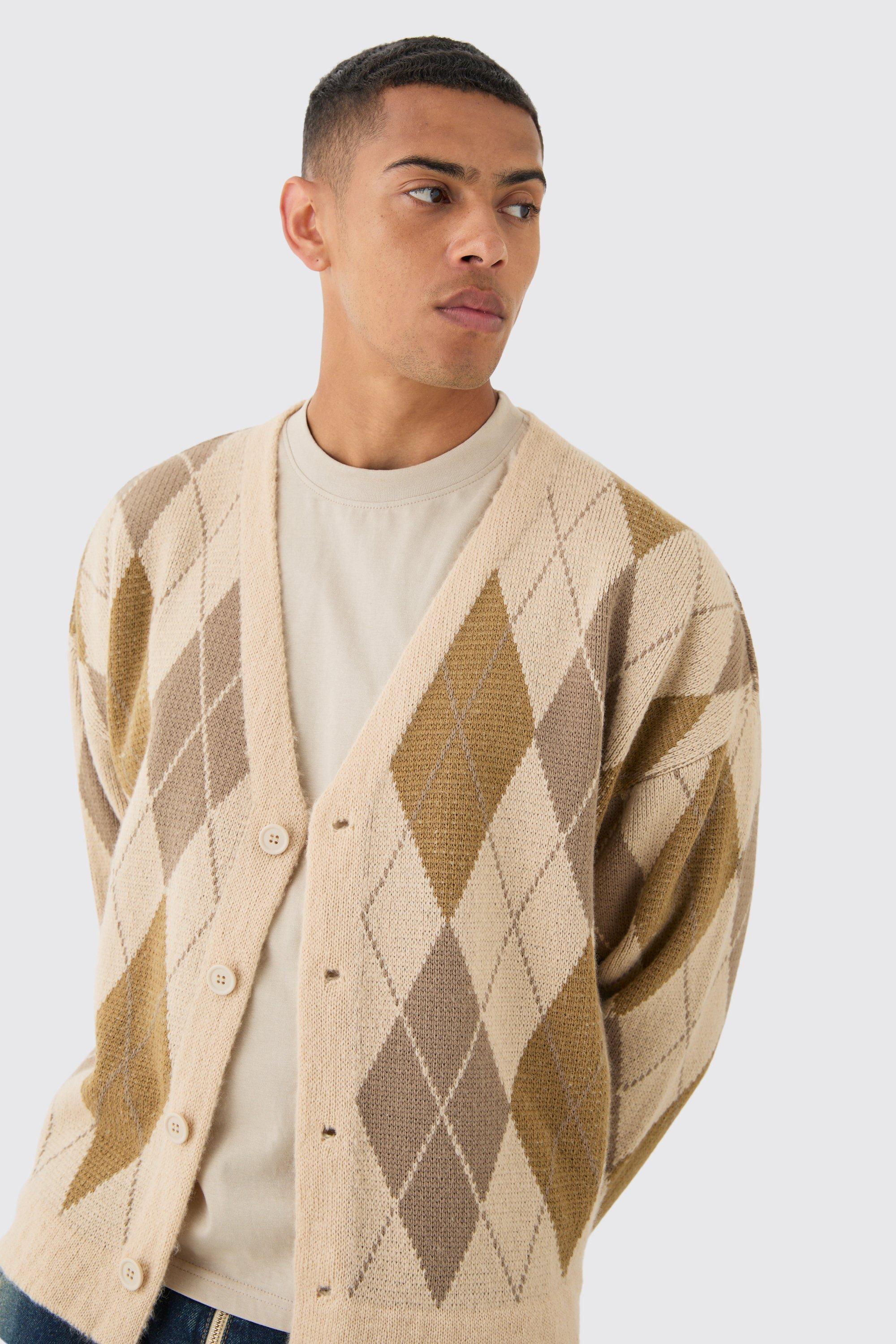 Mens Beige Boxy Oversized Brushed Check All Over Cardigan, Beige Product Image