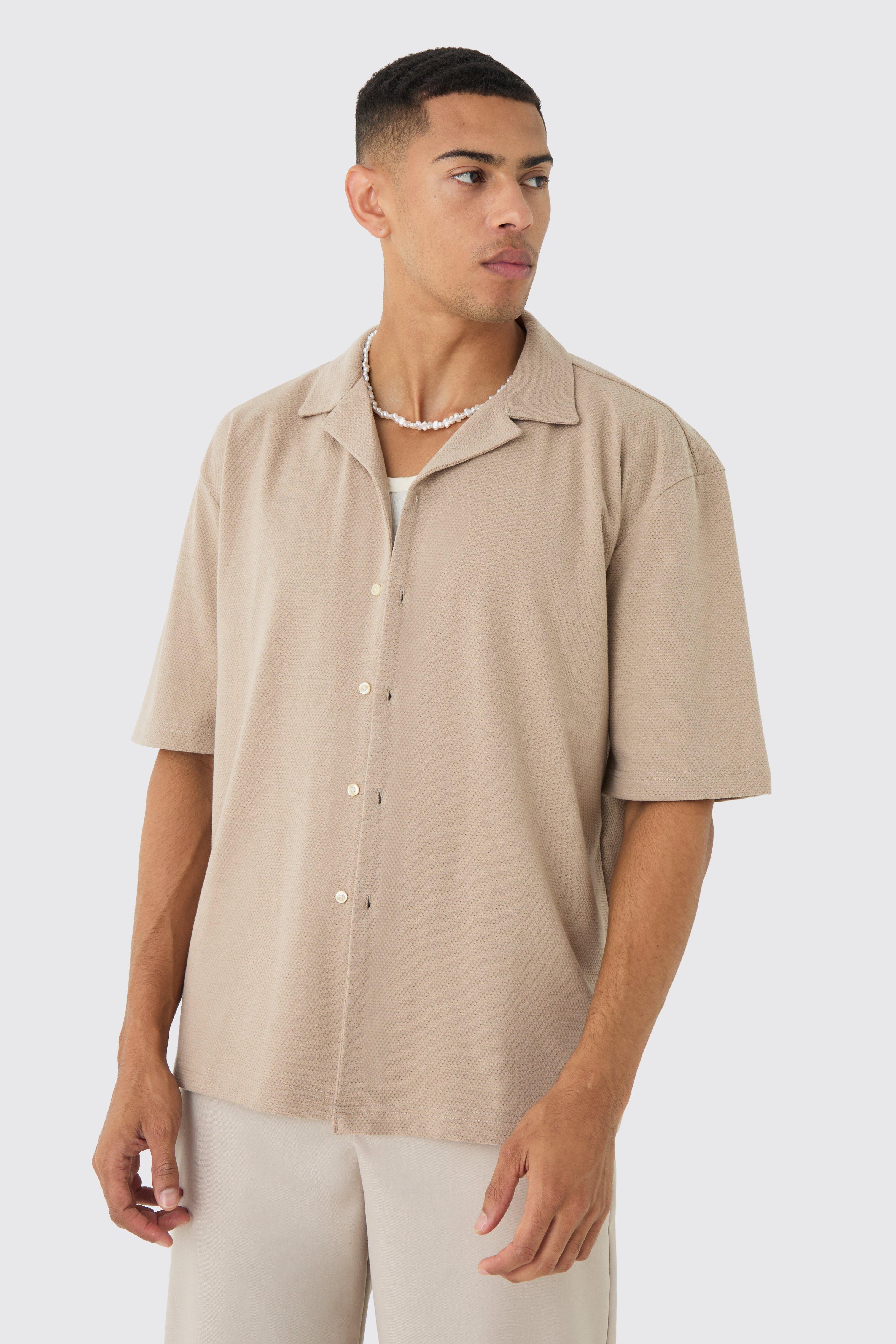 Oversized Popcorn Waffle Textured Revere Shirt | boohooMAN USA Product Image