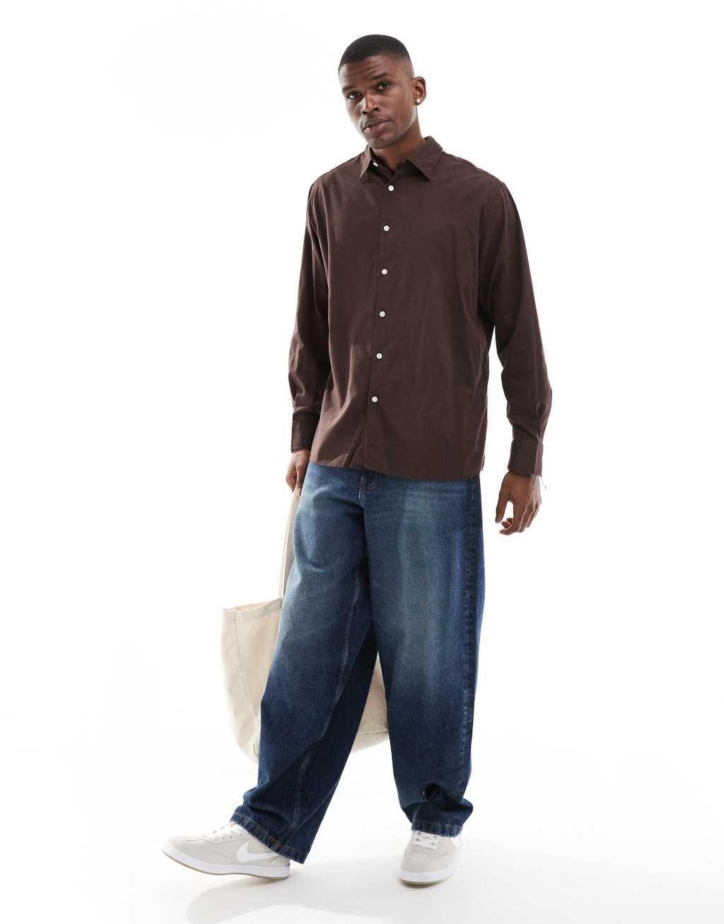 Jack & Jones oversized cotton shirt in chocolate brown Product Image