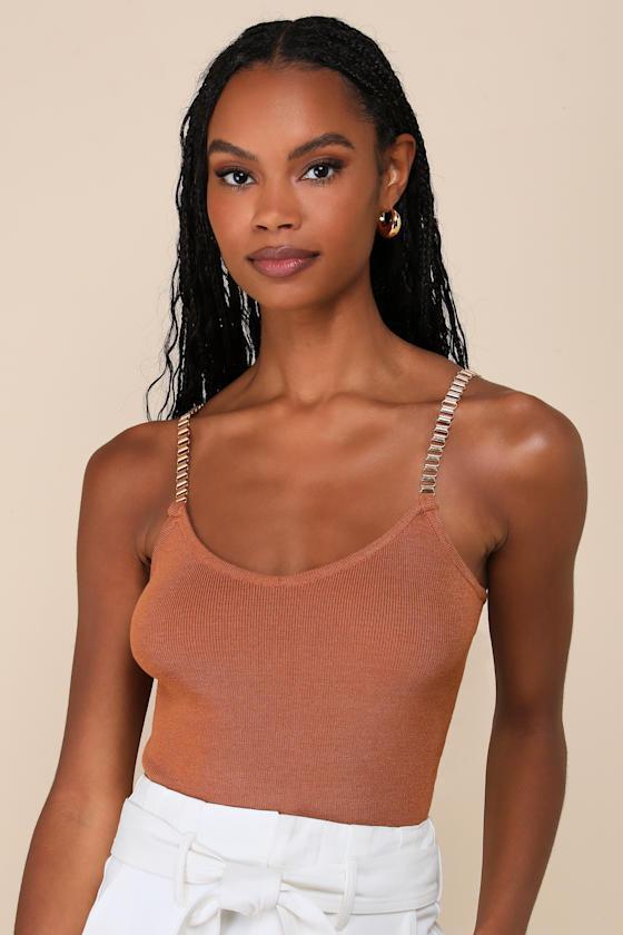 Intentionally Chic Light Brown Sweater Knit Chain Strap Tank Top Product Image