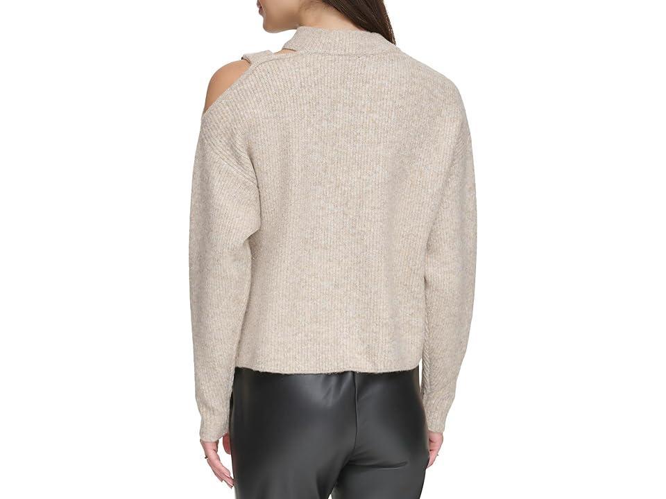 DKNY Long Sleeve Mix Stitch Cold-Shoulder Sweater (Pebble Heather) Women's Clothing Product Image