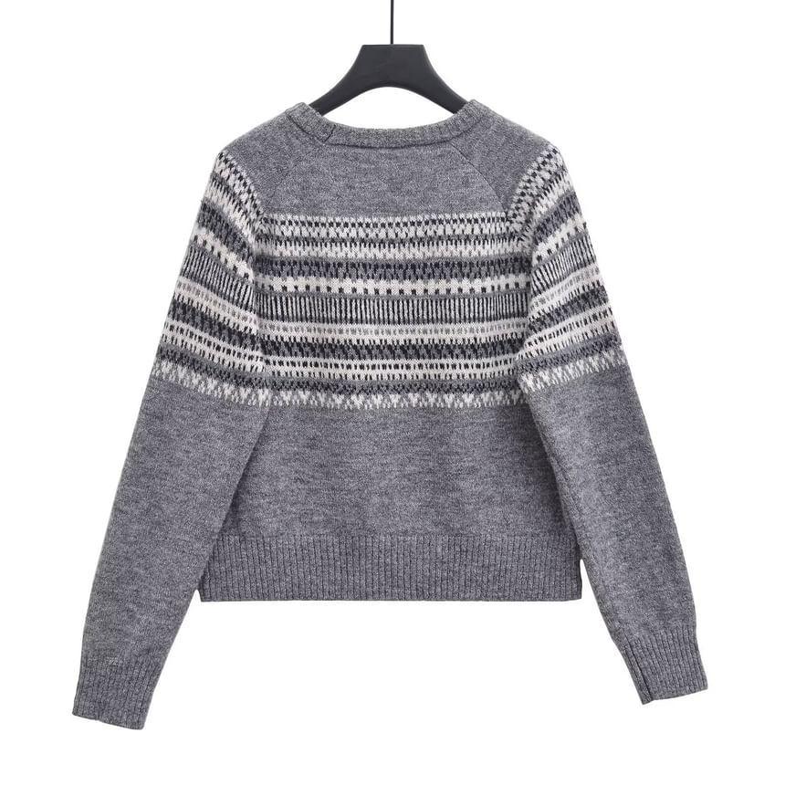 Crew Neck Patterned Cropped Sweater Product Image