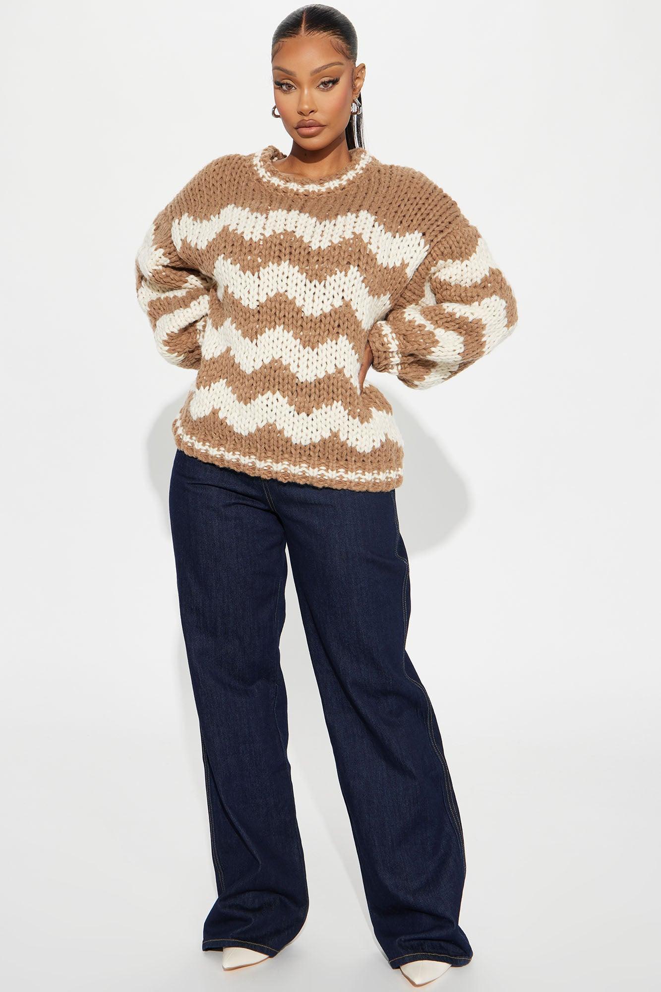 Pippa Chunky Knit Chevron Sweater - Taupe/combo Product Image