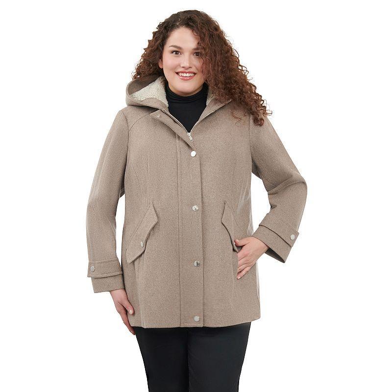 Plus Size London Fog Sherpa-Lined Hood Wool-Blend Coat, Womens Taupe Grey Product Image