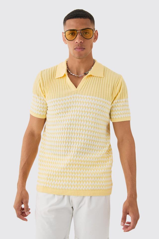 Mens Yellow Regular V Neck Stripe Knitted Polo, Yellow Product Image