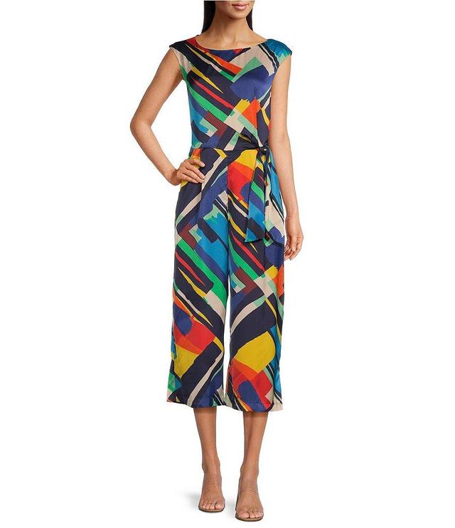 Leslie Fay Sleeveless Crew Neck Tie Waist Printed Jumpsuit Product Image