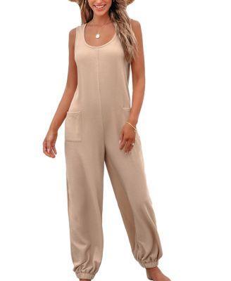 Women's Beige Sleeveless Tapered Leg Pocket Jumpsuit Product Image