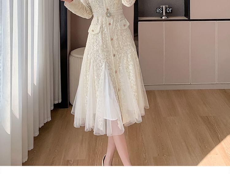 Long Sleeve V-Neck Lace Buttoned Midi A-Line Dress Product Image