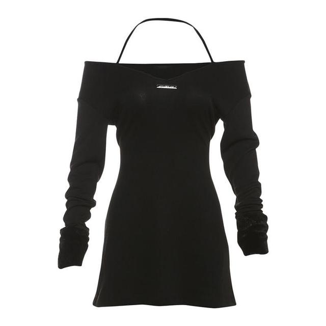 Long Sleeve Cold-Shoulder Plain Slim-Fit Mini A-Line Dress / Faux Fur Hooded Scarf Product Image