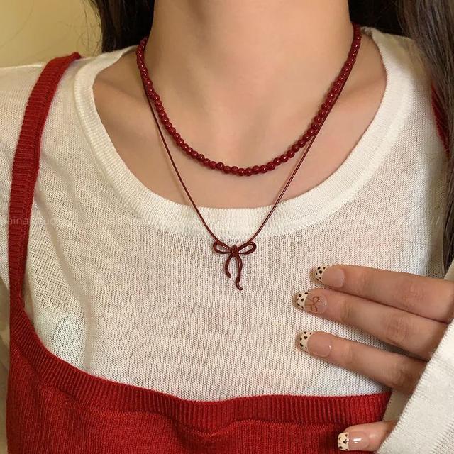 Bow Pendant Layered Bead Choker Product Image