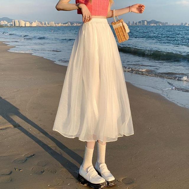 High Rise Plain Midi Pleated A-Line Skirt Product Image