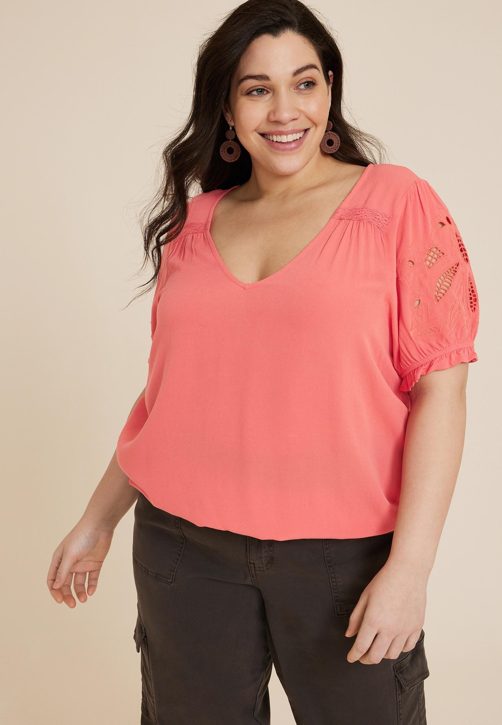 Maurices 2X Plus Size Womens Embroidered Puff Sleeve Blouse Pink Product Image