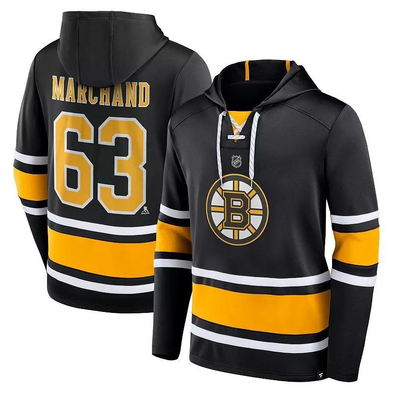 Mens Fanatics Branded Brad Marchand Boston Bruins Name & Number Lace-Up Pullover Hoodie Product Image