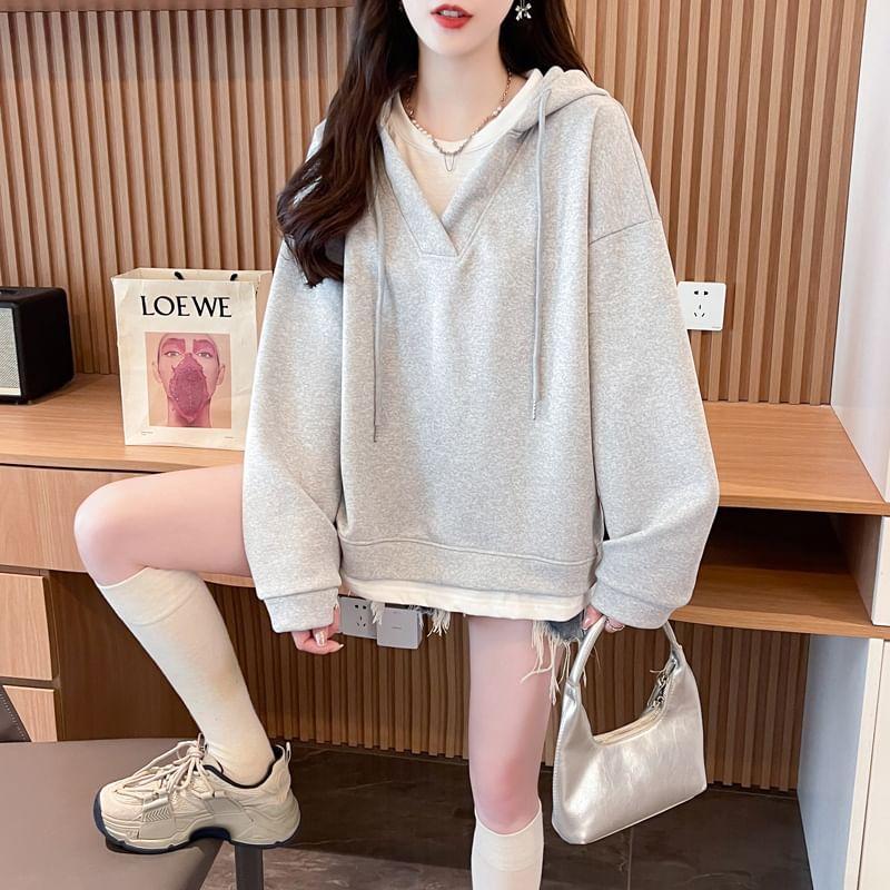 Mock Two-Piece Round Neck Two Tone Drawstring Hoodie Product Image