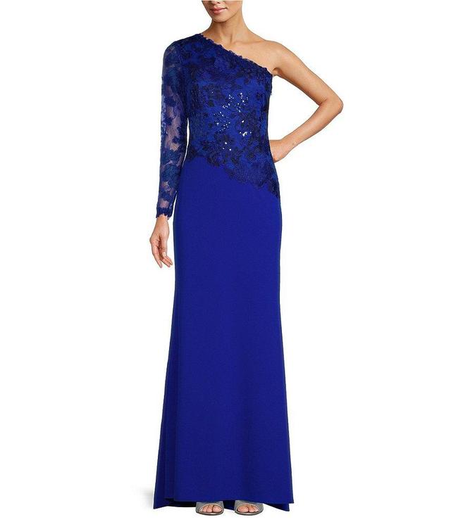 Tadashi Shoji Embroidered Lace Crepe One Shoulder Long Sleeve Gown Product Image