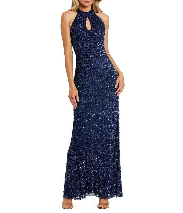 Mac Duggal Keyhole Neck Beaded Mesh Column Gown Product Image