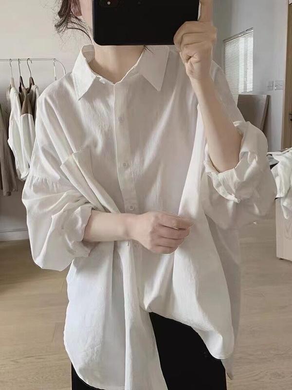 Casual Long Sleeves Loose Buttoned Solid Color Lapel Collar Blouses&Shirts Tops Product Image