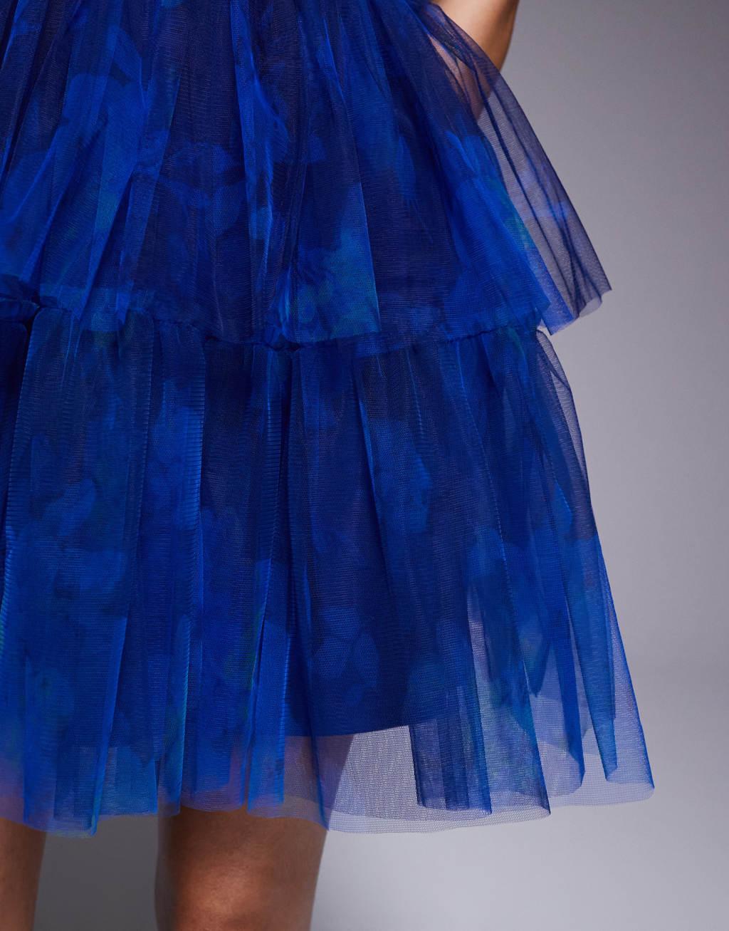 Lace & Beads Petite tiered bandeau tulle mini dress in cobalt Product Image