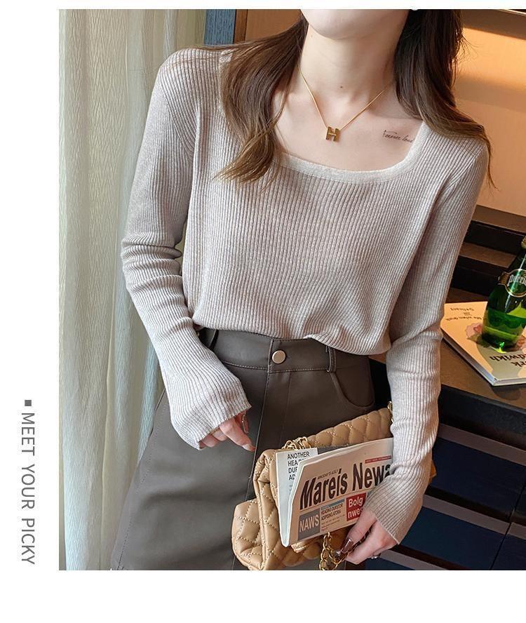 Long-Sleeve Square Neck Contrast Trim Ribbed Knit Top Product Image