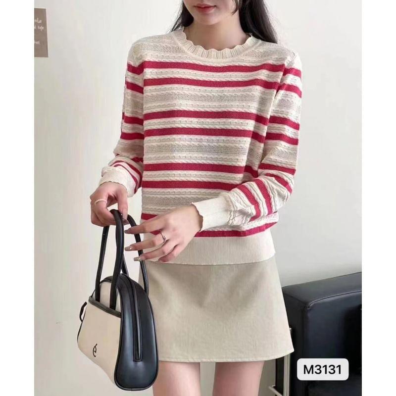 Long Sleeve Round Neck Striped Knit Top Product Image