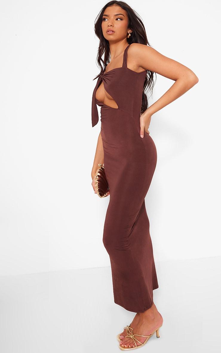 Chocolate Slinky Asymmetric Strap Knot Detail Midaxi Dress Product Image