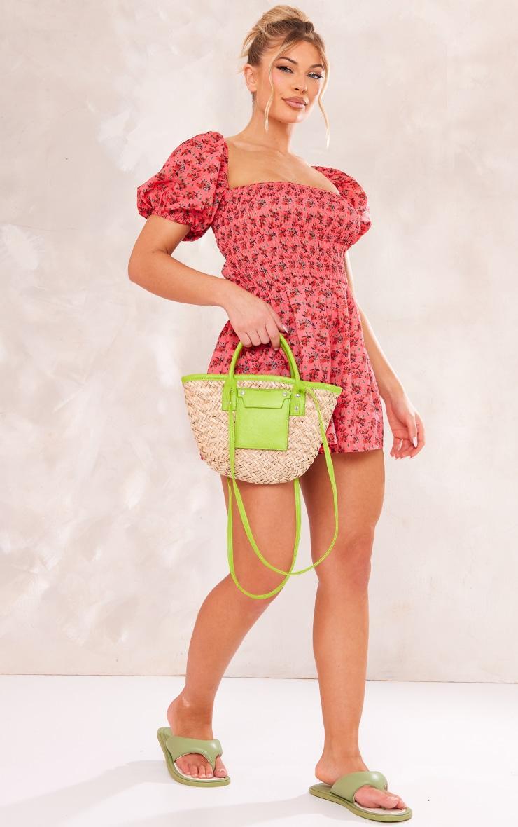 Pink Floral Print Puff Sleeve Shirred Tie Back Romper Product Image