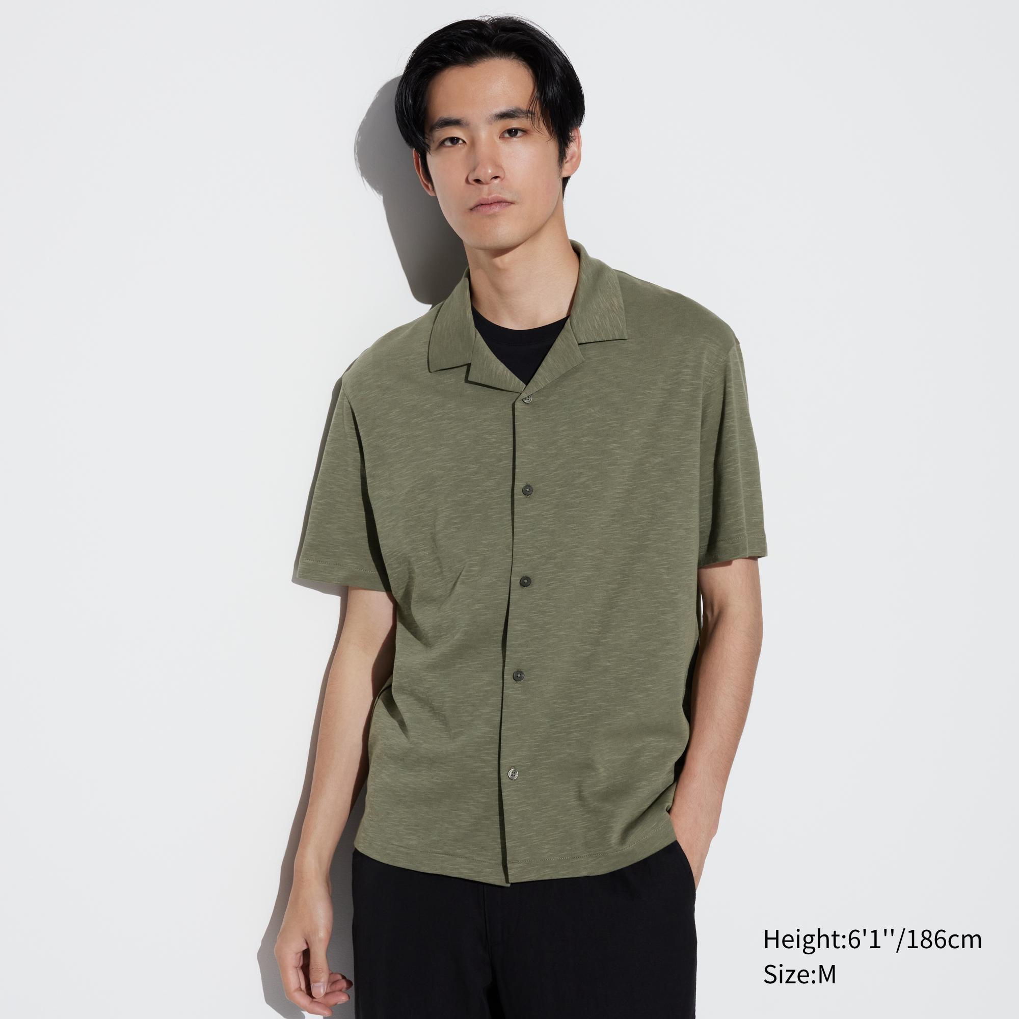 Mens Airism Cotton Full Open Polo Shirt (Open Collar) Olive Medium UNIQLO US Product Image