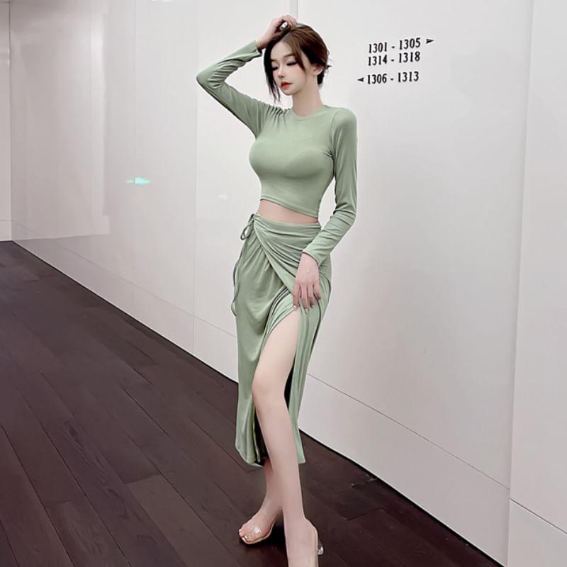 Set: Long-Sleeve Off Shoulder Plain Top + High Waist Asymmetrical Midi Skirt Product Image