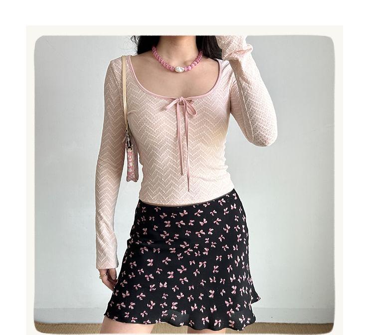 Long-Sleeve Square Neck Lace Crop Top Product Image