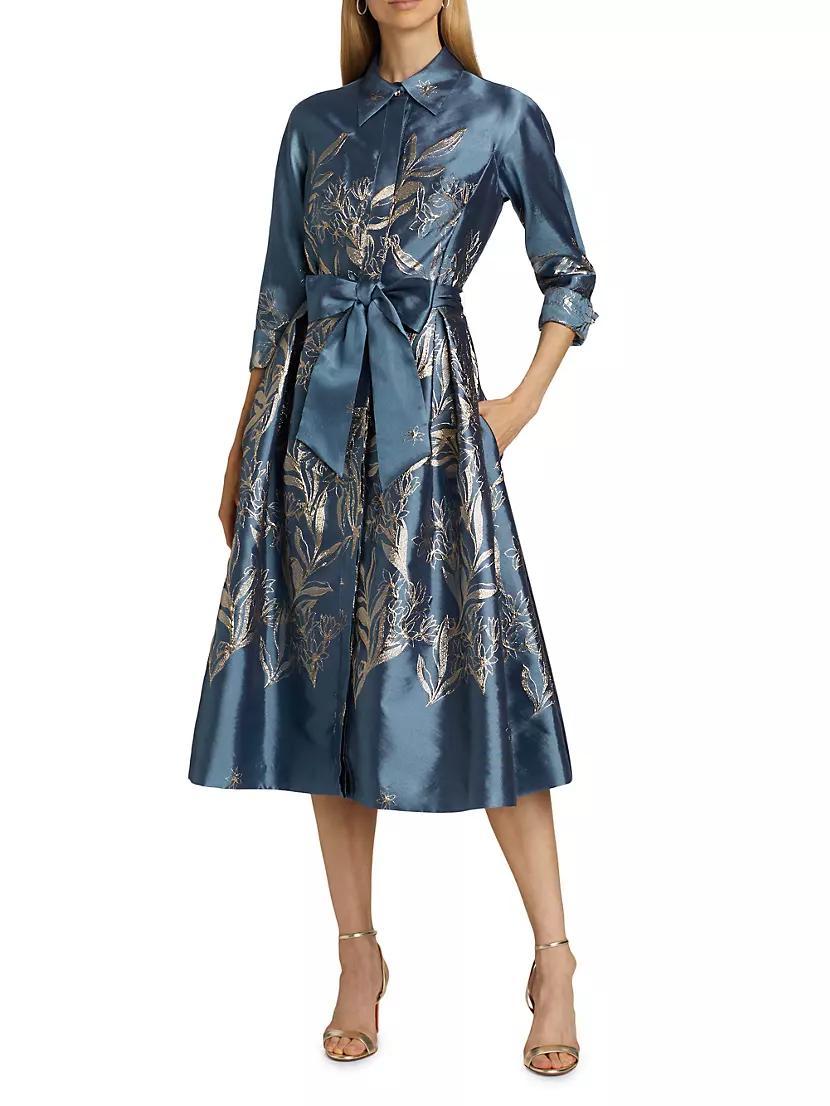 Metallic Embroidered Jacquard Belted Midi-Shirtdress Product Image