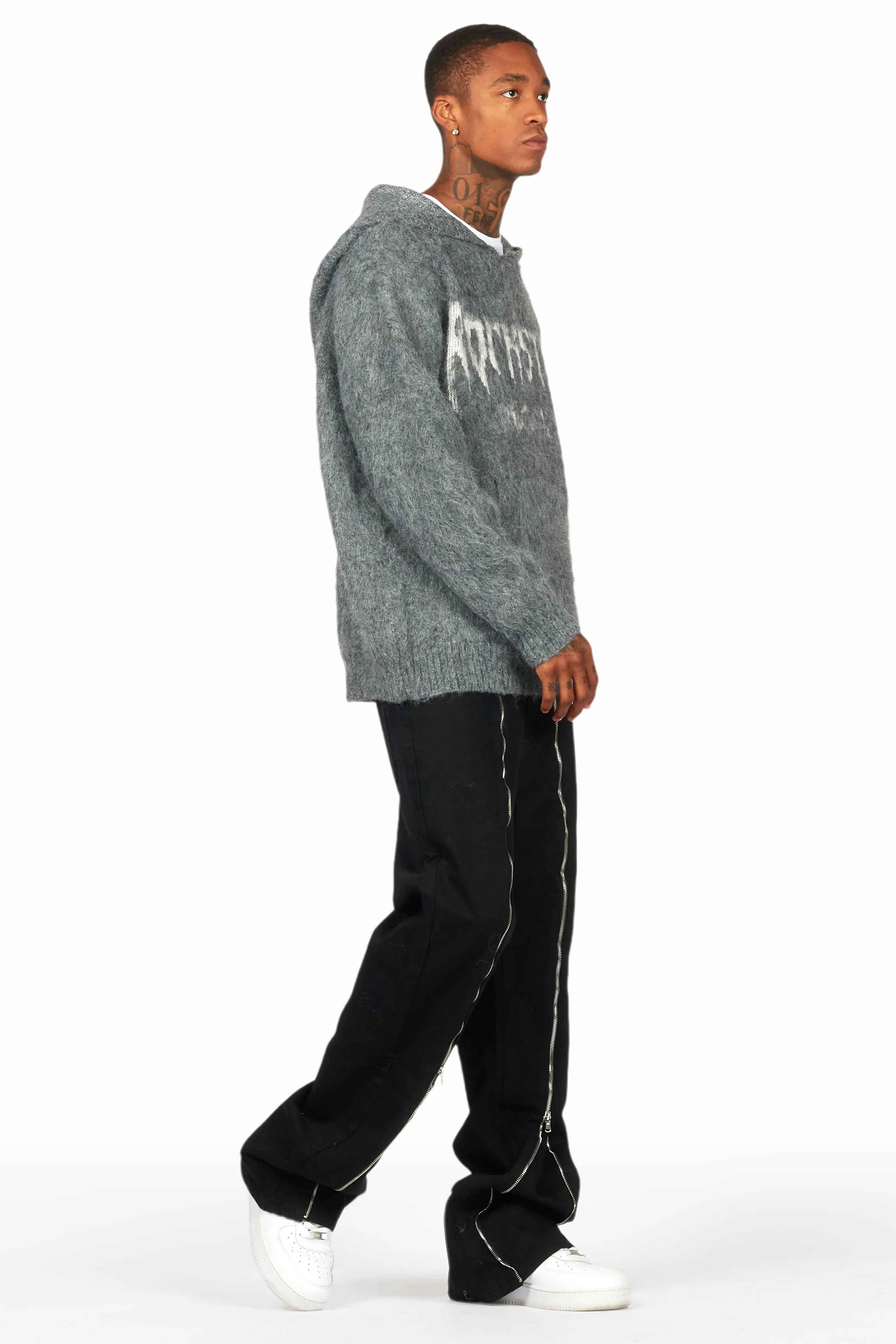 Andros Grey Graphic Knitted Mohair Hoodie Male Product Image