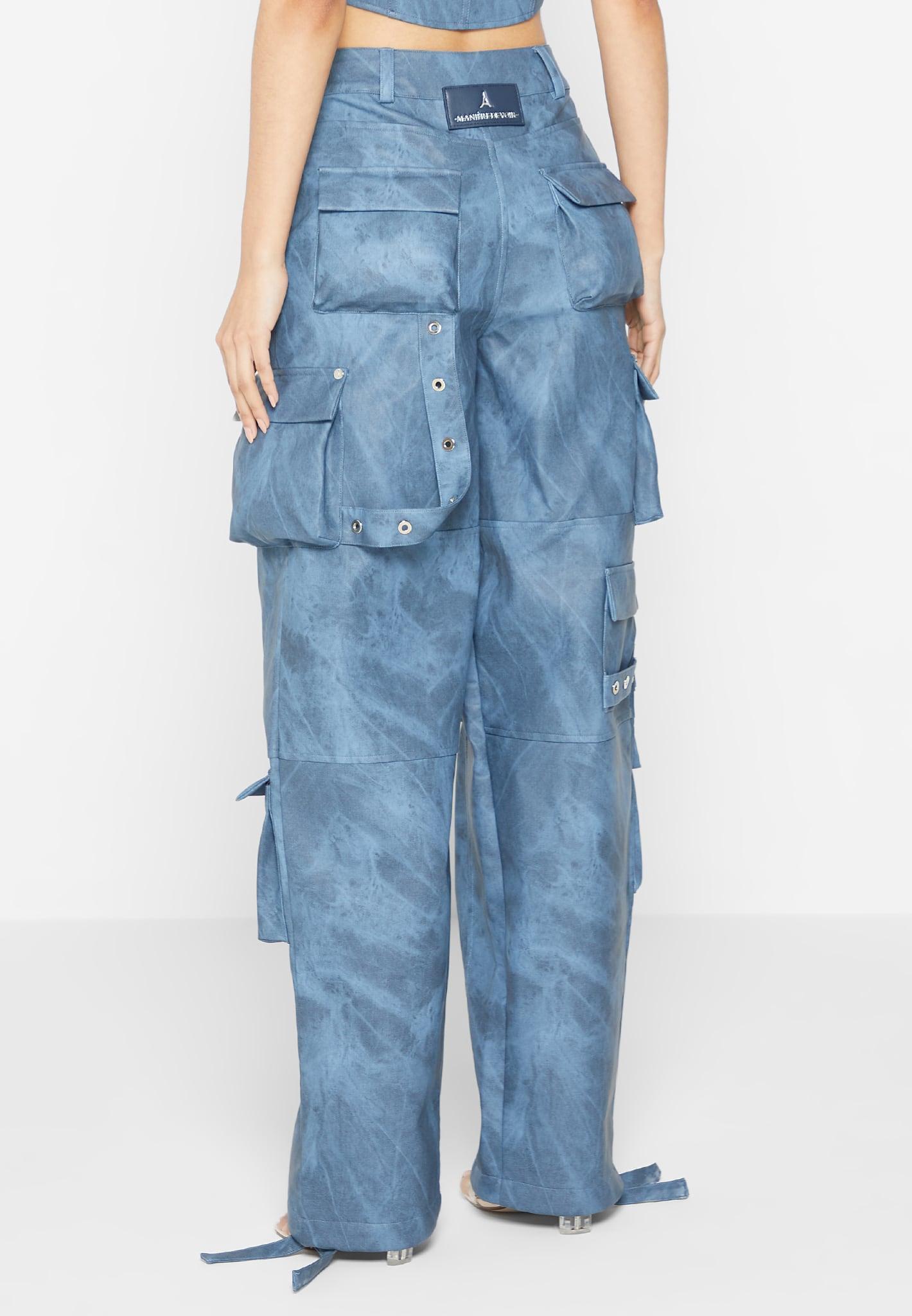 High Waisted Vintage Marble Leather Cargo Pants - Washed Blue Female Product Image