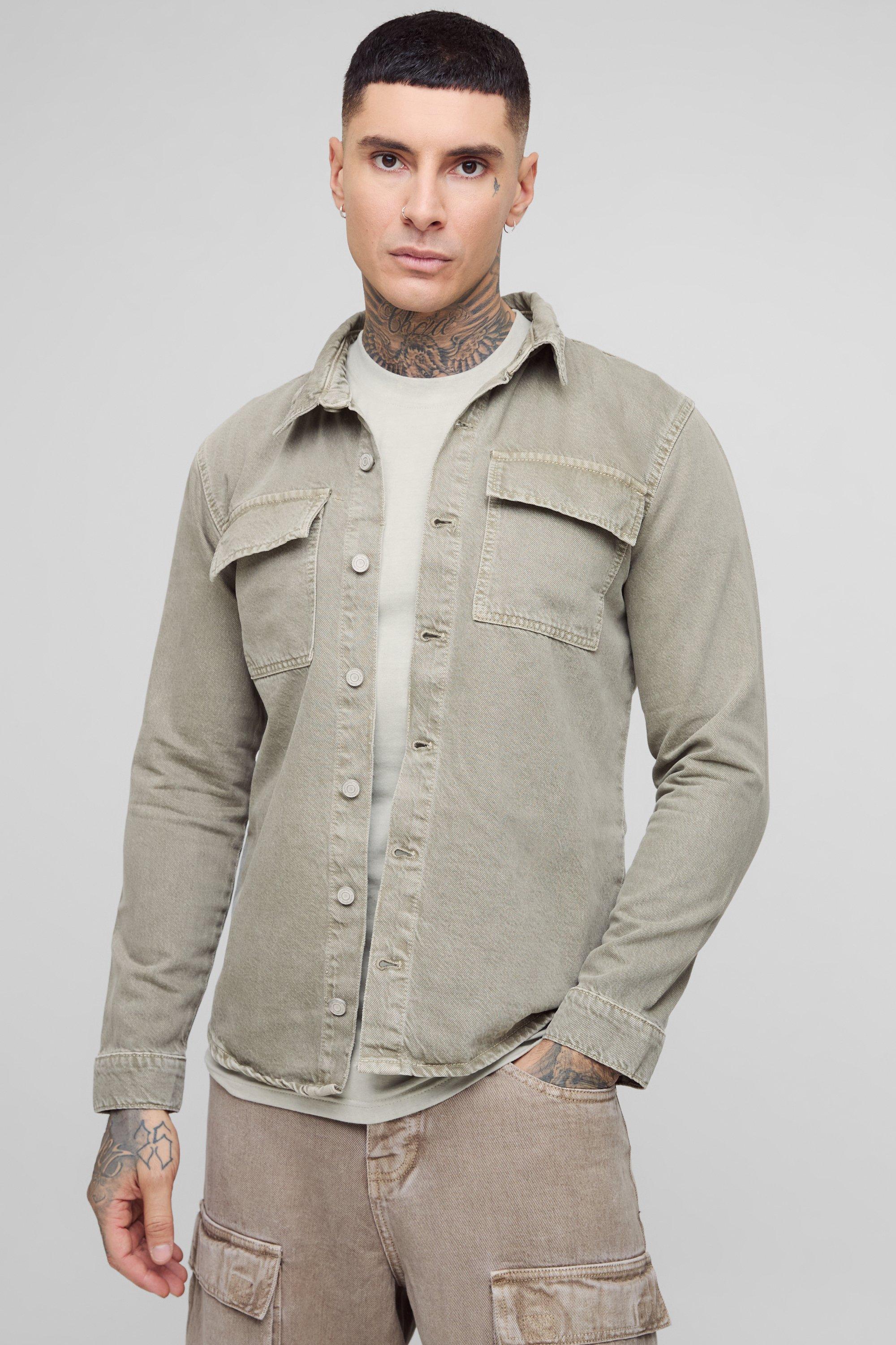 Tall Overdye Relaxed Fit Cargo Denim Overshirt | boohooMAN USA Product Image