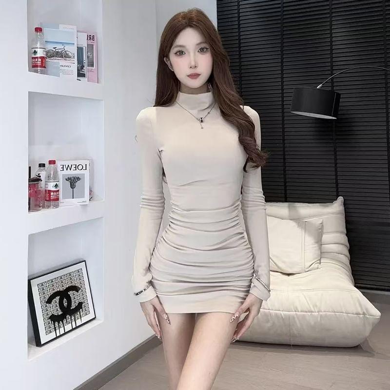 Long Sleeve Mock Neck Plain Ruched Mini Sheath Dress Product Image