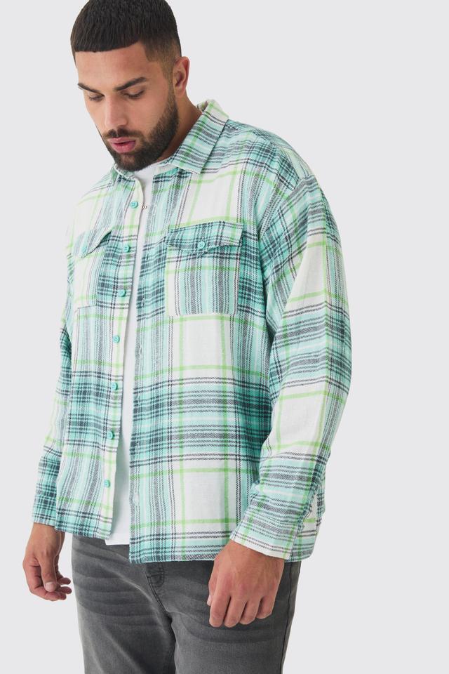 Mens Plus Oversized Green Large Scale Brushed Checked Shirt, Green Product Image