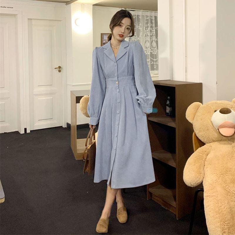 Button-Up Corduroy Plain Long Coat Product Image