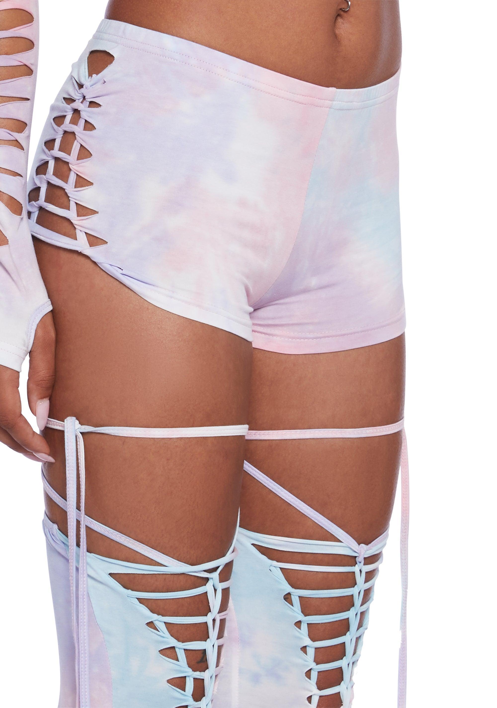 Club Exx Burning Man Tie Dye Shredded Shorts And Stockings Set - Pink Product Image