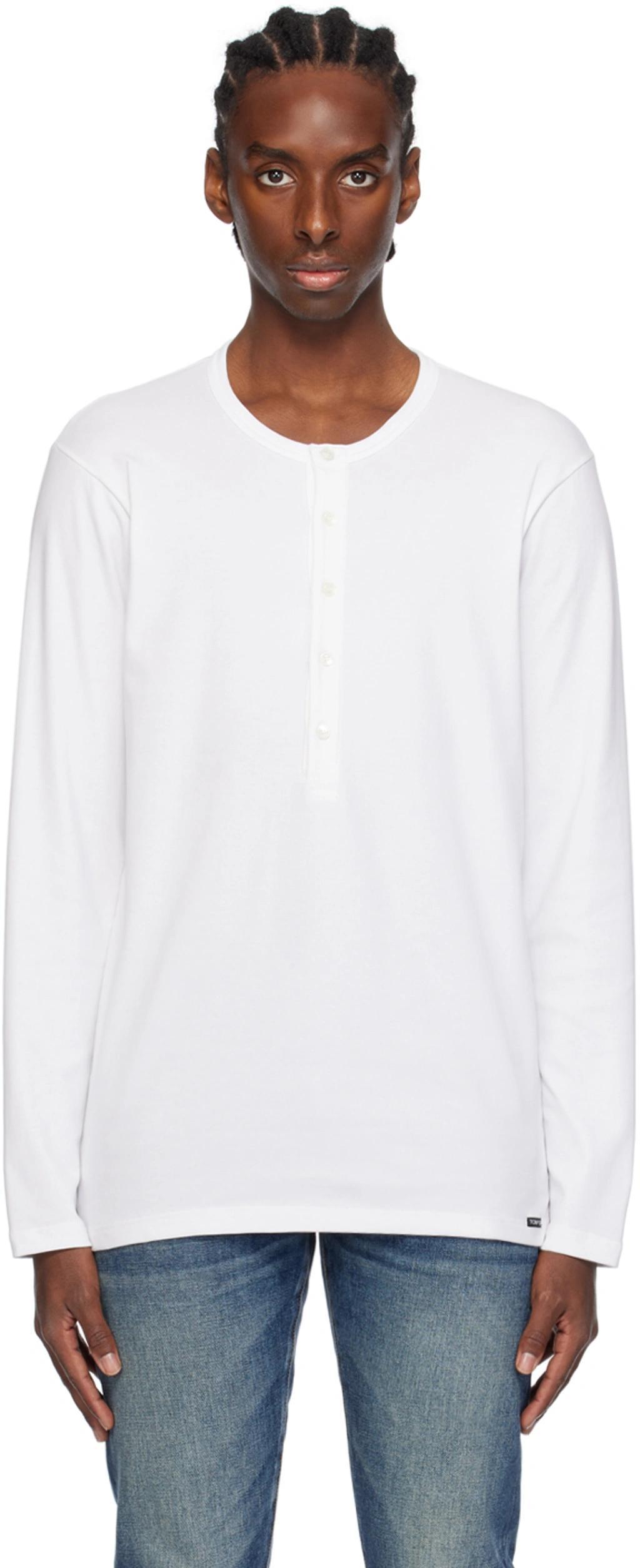 White Patch Long Sleeve Henley In 100 White product image