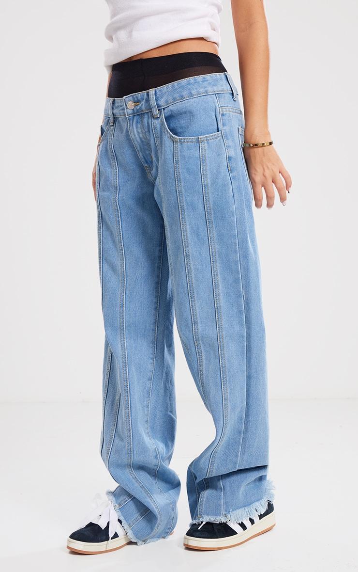 Light Blue Wash Raw Hem Straight Leg Jeans Product Image