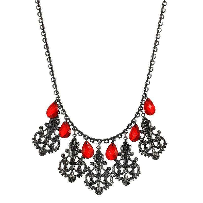 1928 Black Tone Multi-Filigree & Red Briolette Drop Necklace, Womens Product Image