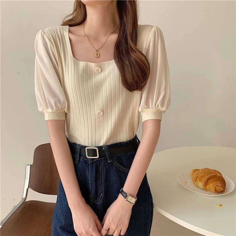 Puff-Sleeve Square-Neck Paneled Ribbed Button-Up Blouse Product Image