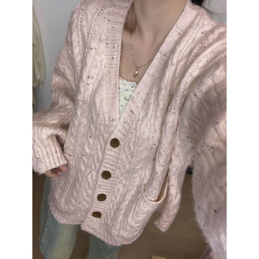 V-Neck Speckle Cable Knit Button-Up Cardigan Product Image